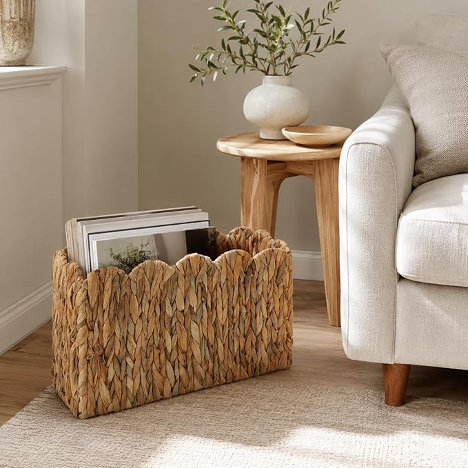 Water Hyacinth Magazine Holder for Floor, Tall Narrow Wicker Magazine Basket with Scalloped Edge – Handwoven Magazine Rack, Book Basket & File Holder for Living Room, Office & Bedroom
