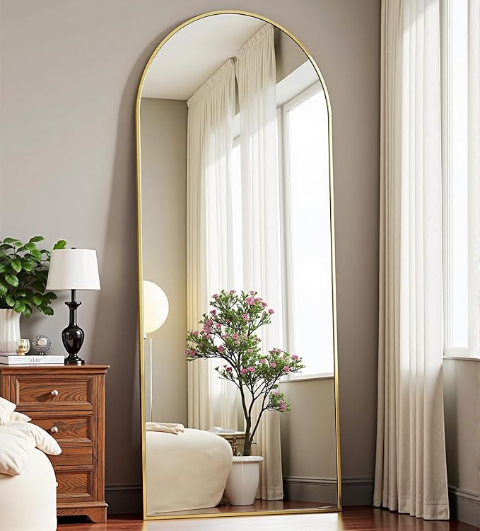 Dewfig Arched Gold Full Length Mirror, 58"X18" Large Floor Mirrors with Stand for Leaning or Hanging, Full Body Mirrors for Living Room,Bedroom, Dressing Room, Aluminum Alloy Frame, Gold