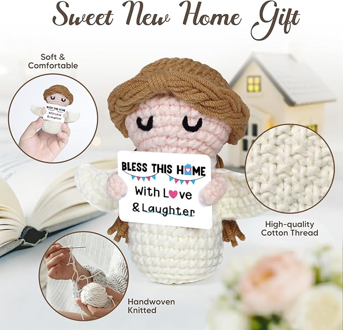 House Warming Gifts New Home -Bless This Home with Love and Laughter- New Home Gift Ideas for New Homeowner, New House Gifts for Women Men Couple Neighbor Friend Family,Handmade Angel Crochet Doll