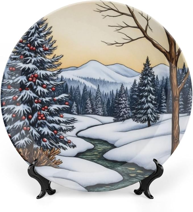 Cedar Theme Decorative Ceramic Plate Round Porcelain Plate,6 inch,Winter Watercolor Scene Pattern,for Decorative Ornaments Giving Plates,1 Plate with 1 Display Stand,Blue White
