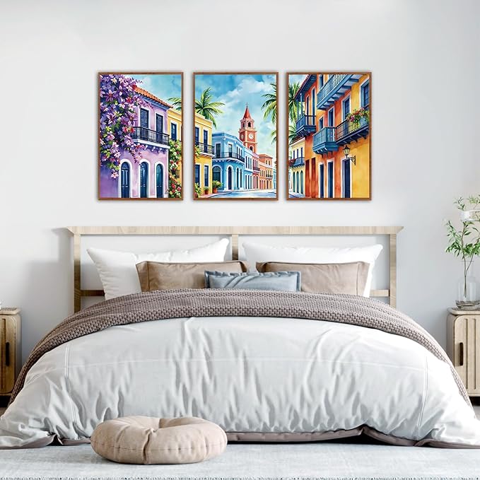 KAlRNE Vintage Cityscape Framed Canvas Wall Art Set of 3(16”X24”),Watercolor Street Scenery Wall Decor,Colorful Tropical Building Painting,Texture Botanical Art Prints For Living Room Bedroom Office