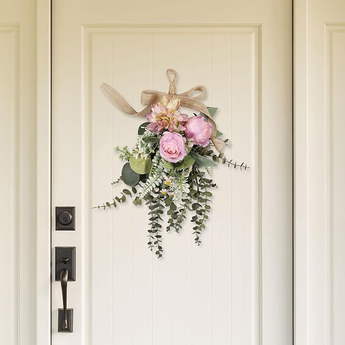 Qianly Artificial Floral Swag Garland Outdoor Indoor, Decorative, Flower Teardrop Wreath, Hanging for Office Holidays Festivals Wall, Purple