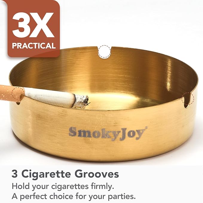 Ashtray with Lid for Outside Patio, 2 Pack Windproof Ash Tray, Gold Stainless Steel Smokeless Ashtray for Outdoor Home Office Tabletop Patio Outdoor Balcony, Large