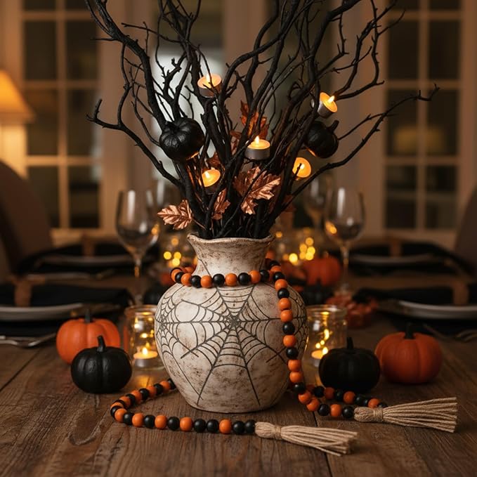 Equsion Seasonal Wooden Bead Garland with Tassels, 3.3 ft Holiday Vintage Boho Bead Garland Easter Tray Decoration, Vase Wall Room Art Birthday Party Decoration(Black, Orange)