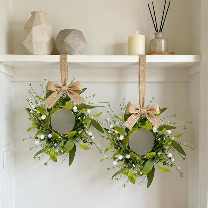 6 PCS Spring Summer Eucalyptus Kitchen Cabinet Wreaths Small Artificial Green Eucalyptus Leaf Wreath for Front Door with Ribbon Boxwood Mini Wreath for Porch Wall Window Farmhouse Wall Home Decor