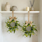 6 PCS Spring Summer Eucalyptus Kitchen Cabinet Wreaths Small Artificial Green Eucalyptus Leaf Wreath for Front Door with Ribbon Boxwood Mini Wreath for Porch Wall Window Farmhouse Wall Home Decor