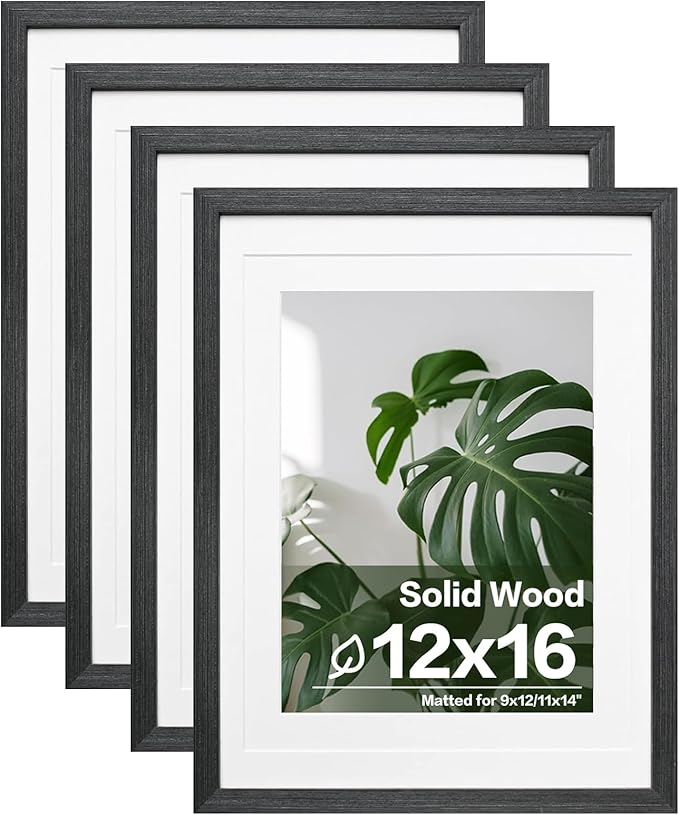 Egofine 12x16 Picture Frames Set of 4, Made of Solid Wood Covered by Plexiglass 9x12 and 11x14 with Mat or 12x16 without Mat, for Wall Mounting Photo Frame Rustic Black