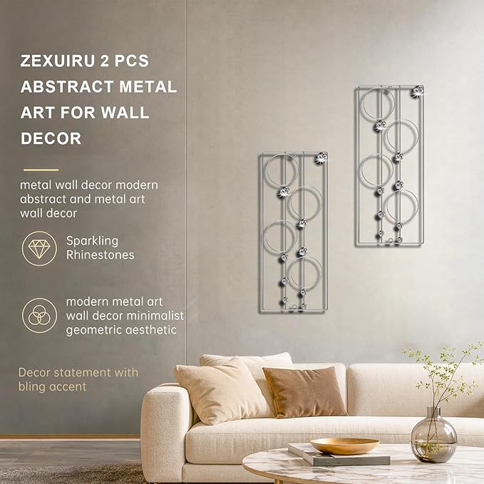 ZEXUIRU 2 Pcs. Abstract Metal Art for Wall Decor Living Room Bedroom Bathroom Office Metal Bling Modern Geometric Hanging Vertical Small Iron Sculpture Plaque Pack -Silver 24in