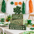 Lineshading 4 Pcs St. Patrick's Day Table Wooden Signs Hug Shamrocks Table Decoration Green St. Patrick Striped Tiered Tray Decor Irish Themed Centerpiece for Farmhouse Holiday Tabletop Home Decor