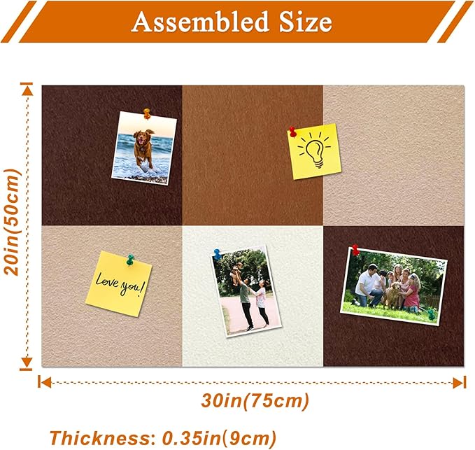 Square Felt Cork Bulletin Board Tiles, Self Adhesive DIY Felt Pin Board for Wall 30" x 20" with 35 Pushpins for Office School Home Wall Decor Stickers Memos Photos Display (Gradual Brown)