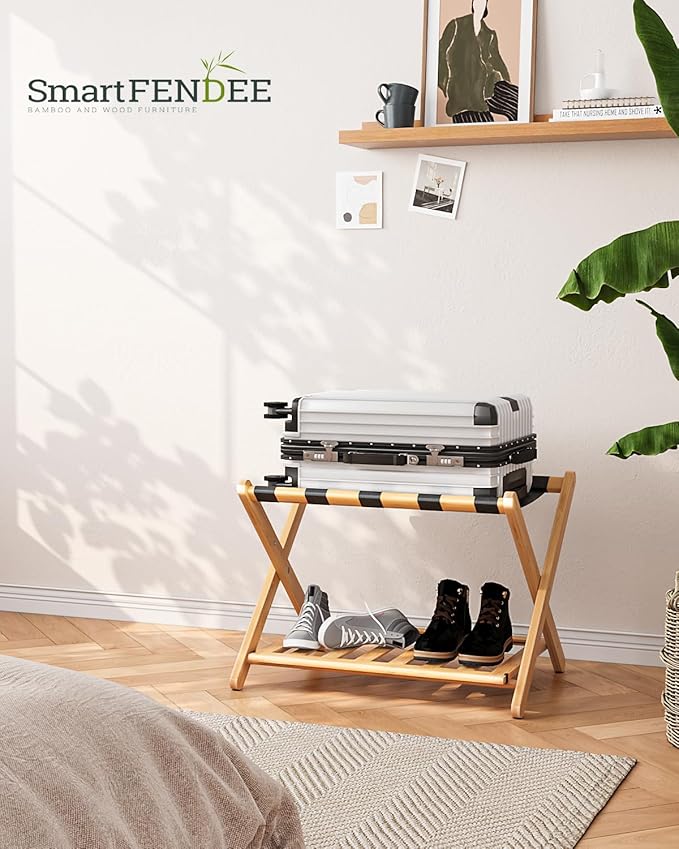 Fully Assembled Bamboo Luggage Rack, Heavy Duty Folding Suitcase Stand with Storage Shelf, Guest Room Essentials, Ideal for Bedroom, Hotel, Natural