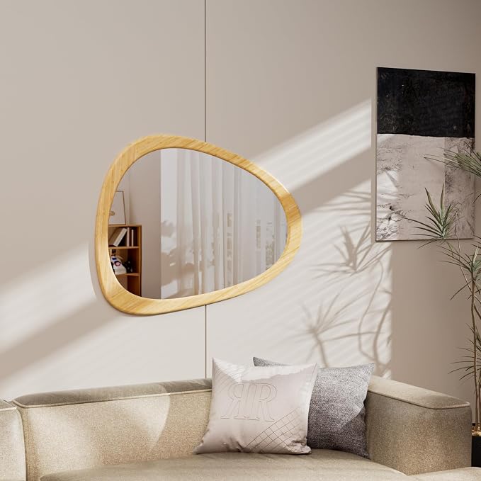 34" x 26" Irregular Wall Mirror, Natural Wooden Framed Asymmetrical Wall Mirror for Living Room Bedroom Bathroom Entryway, Modern Decorative Hanging Hook