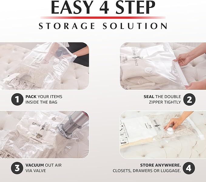 GENIE SPACE Premium Vacuum Storage Bags for Clothes, Bedding and Travel, Medium Size 27x20 Inches, Airtight, Odor-Proof and Reusable Space Saver Bags with Double Zipper Seal, 6-Pack with Hand Pump