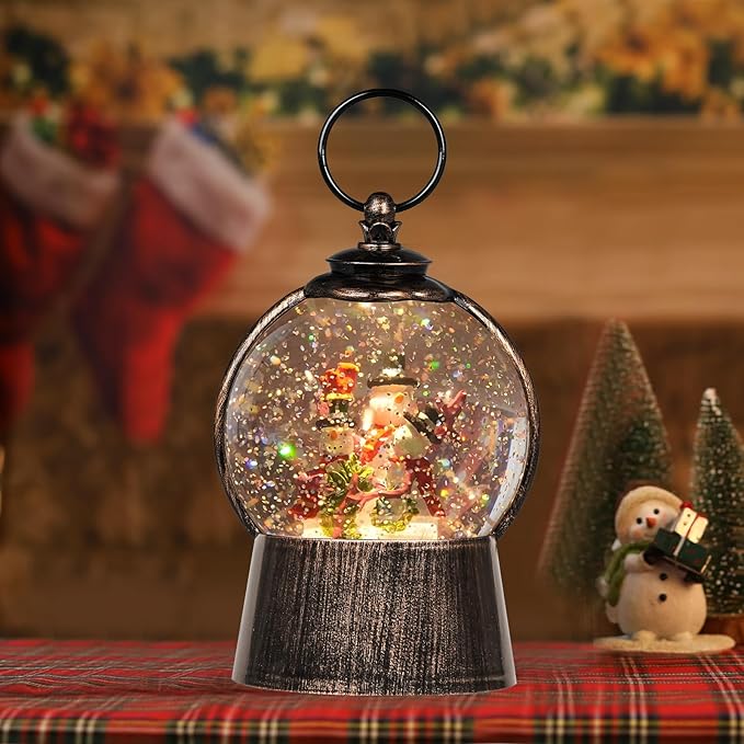 Christmas Snowman Snow Globe Lantern, Light up Christmas Indoor Decorations with Timer, Musical Snow Globe with Swirling Glitter, USB Powered & Battery Operated Snowman Red Cardinal Gifts