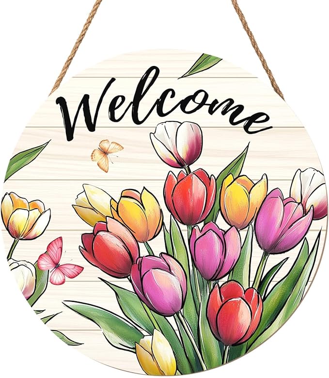 Spring Summer Welcome Sign for Front Door Decor Spring Flower Wall Hanging Sign Spring Decorations Floral Wooden Wreath Farmhouse Door Hanger Sign for Spring Summer Party Indoor Outdoor Decor 12 Inch