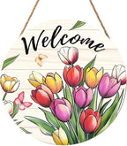 Spring Summer Welcome Sign for Front Door Decor Spring Flower Wall Hanging Sign Spring Decorations Floral Wooden Wreath Farmhouse Door Hanger Sign for Spring Summer Party Indoor Outdoor Decor 12 Inch