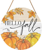 Hello Fall Welcome Sign Door Sign 12"x12" Fall Door Decorations Hanging Sign Farmhouse Pumpkin Round Wooden Sign for Home Front Door Wall Porch Yard Garden