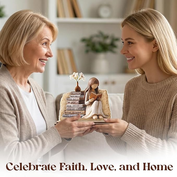 KATINAT Christian Gifts for Women, Bible Verse Desk Decor, God Says I Am Decorative Sign, Inspirational Religious Tabletop Plaque for Office Desk, Home, Prayer Room, Mother’s Day for Her
