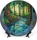 Stained Glass Theme Decorative Ceramic Plate Round Porcelain Plate,7 inch,Sunrise Forest Stream Pattern,for Decorative Ornaments Giving Plates, 1 Plate with 1 Display Stand,Green Blue Gold