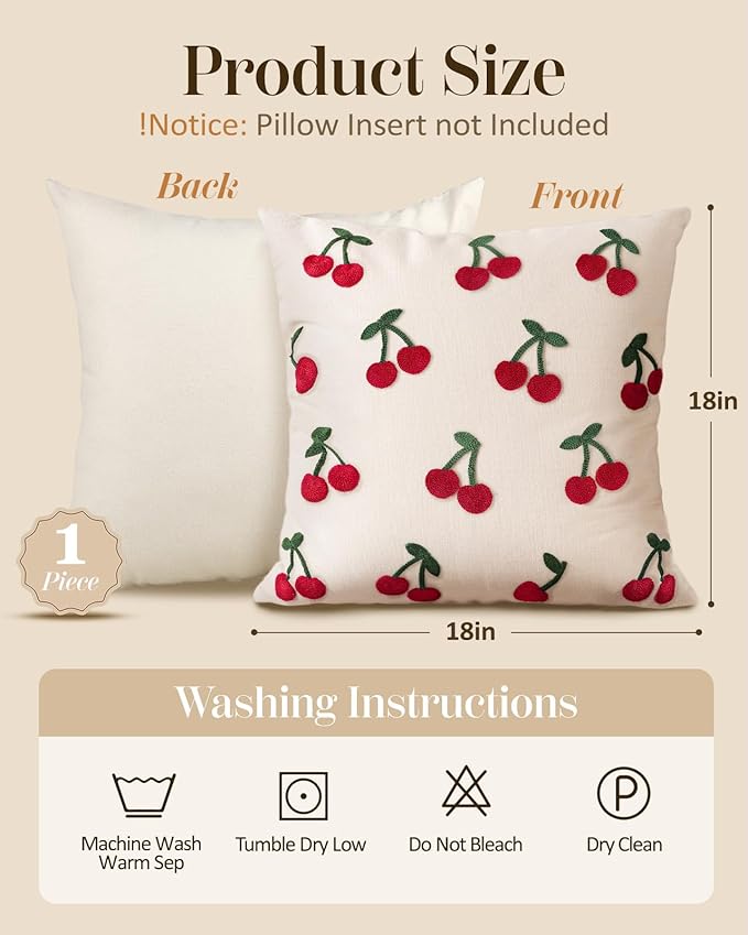 Embroidered Throw Pillow Cover 18x18 Inch - Spring Summer Boho Decorative Pillow Cover with Zipper for Living Room Couch Sofa Bed Aesthetic Design Little Cherry Cushion Pillowcase