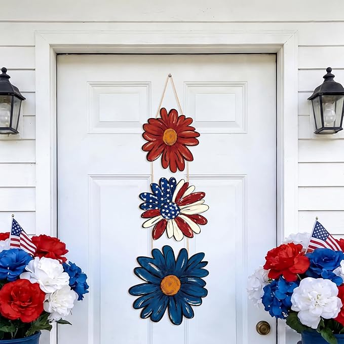 Lineshading 4th of July Decorations Patriotic Decorations Daisy Patriotic Hanging Wreath for 250th Anniversary Wooden Vintage American Hanging Wreaths Door Decor for Memorial Day Porch Wall Decor