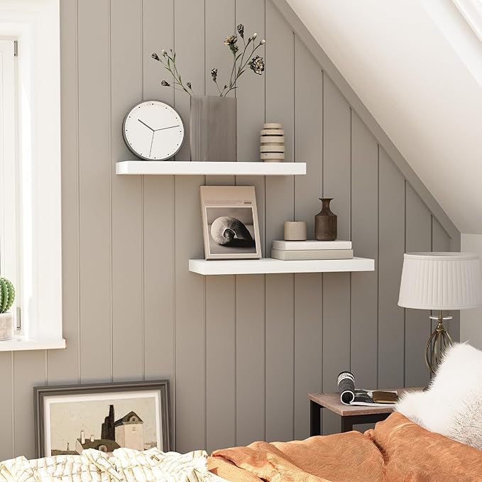 HOOBRO Floating Shelves for Wall, Wall Mounted Shelf Set of 2, 23.6" Hanging Shelf with Invisible Brackets, for Wall Decor Storage in Bathroom Bedroom Kitchen Living Room Office, White WT60BJ01