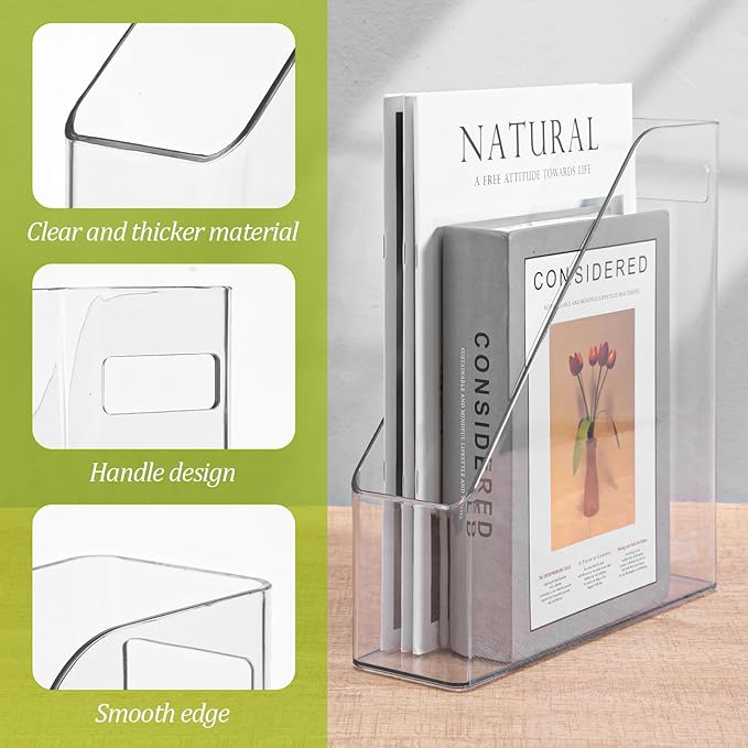Kifmurase 2PCS Vertical File Holder, Clear Plastic Standing File Shelf and Organizer for Office Home Magazines Notebooks Folder Binders, Multi-purpose Desktop Document Storage Vertical Rack