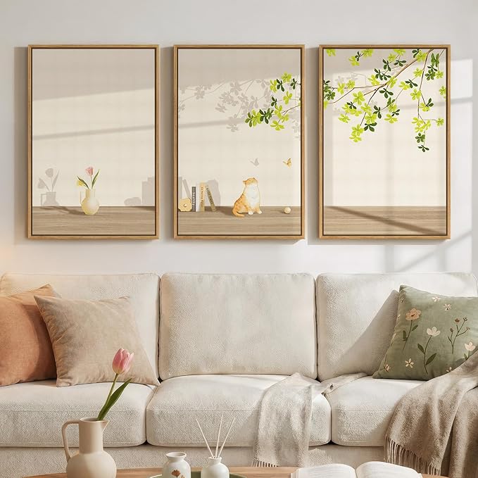 Framed Modern Neutral Wall Art for Living Room, 3 Piece Nature Summer Cozy Canvas Prints Painting, Minimalist Farmhouse Cat Botanical Peaceful Wall Decor for Bedroom Dining Room Office, 16x24 Inch