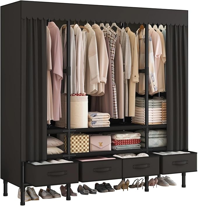 Portable Closet,Garment Rack,Heavy Duty Clothes Rack with Cover,Wardrobe Closet with 3 Hanging Rods, 6 Storage Shelves and 4 Drawers,55.1" L x 17.7" W x 67.7" H,Black