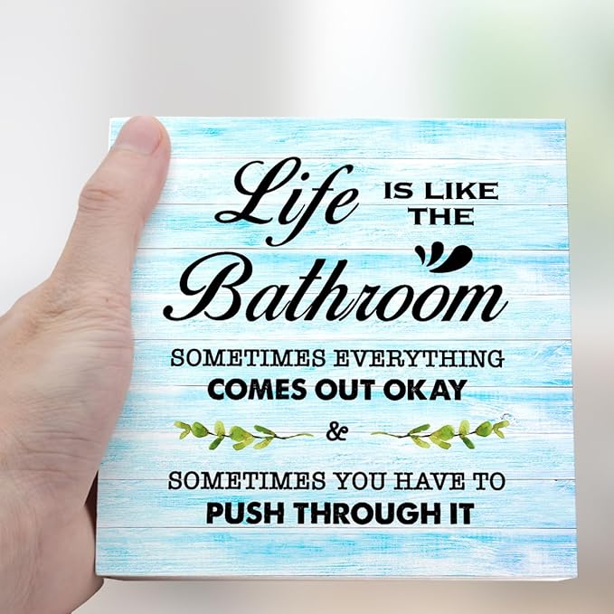 Blue Wood Life is Like The Bathroom Wooden Box Sign Desk Decor,Funny Bathroom Wood Block Sign for Farmhouse Toilet Shelf Decor