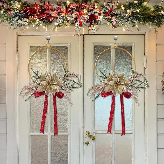 Christmas Metal Ring Wreath 7.28inch Metal Hoop with Floral Flowers Christmas Wreath with Red Bow Ribbon Floral for Front Door Winter Wall Decoration (Gold)