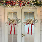 Christmas Metal Ring Wreath 7.28inch Metal Hoop with Floral Flowers Christmas Wreath with Red Bow Ribbon Floral for Front Door Winter Wall Decoration (Gold)
