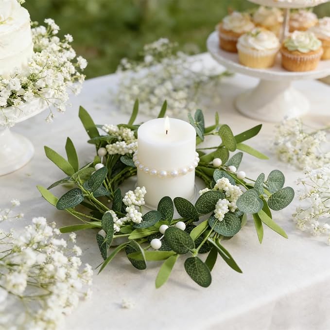 6 Pcs Green Artificial Eucalyptus Swag Wreaths Spring Summer Candle Rings Wreath with White Berries Mini Green Kitchen Cabinet Wreaths with Ribbon for Front Door Porch Wall Window Farmhouse Decoration