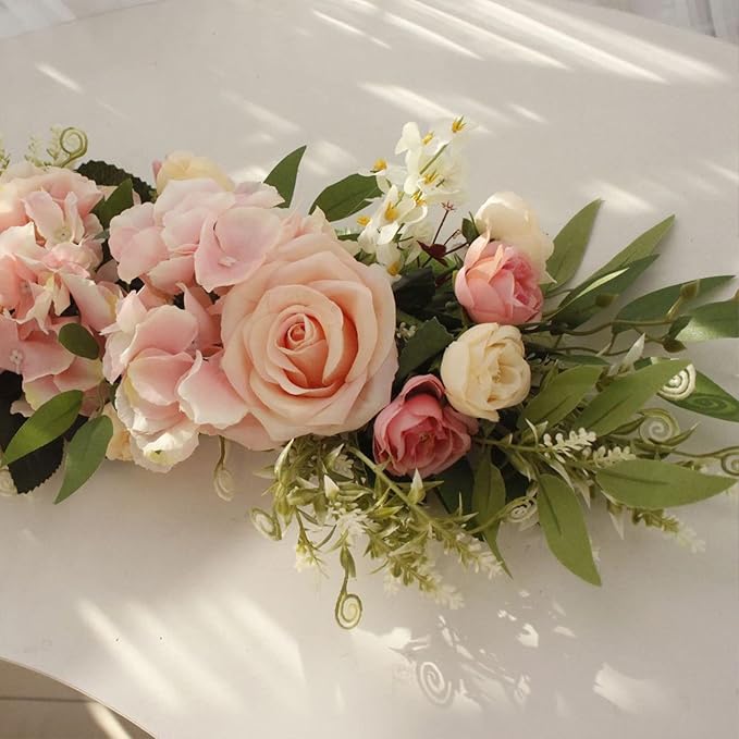 Wedding Arch Flowers, 25.6 Inch Artificial Rose Flower Swag, Decorative Rose Floral Swag for Lintel, Green Leaves Flower Garland for Home Garden Wedding Door Decor (Pink)