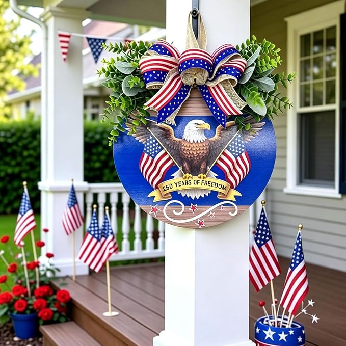12" Patriotic Wreath for Front Door Wooden Welcome Sign, 4th of July Decorations Outdoor with USA 250th Anniversary Flag, Memorial Day Patriotic Decor (Color-Freedom1)