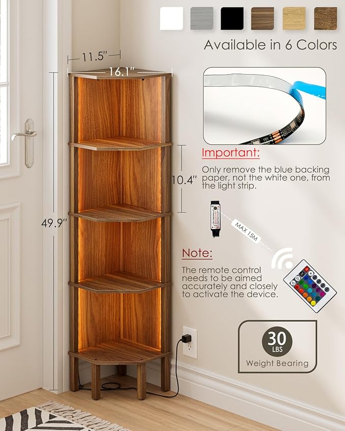 Corner Shelf Stand, 5 Tier Corner Bookshelf,Corner Furniture for Bedroom Display Corner Shelf for Small Space,Wood Shelves with Storage Rack for Living Room,Office,Walnut