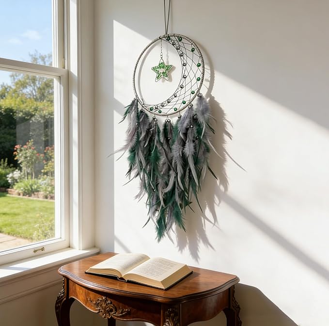 Crystal Dream Catcher,Large Dream Catcher for Adult,Green Boho Dream Catcher Wall Decor with Gemstone Hanging Ornament Girls Dorm Room Decor Festival Gift