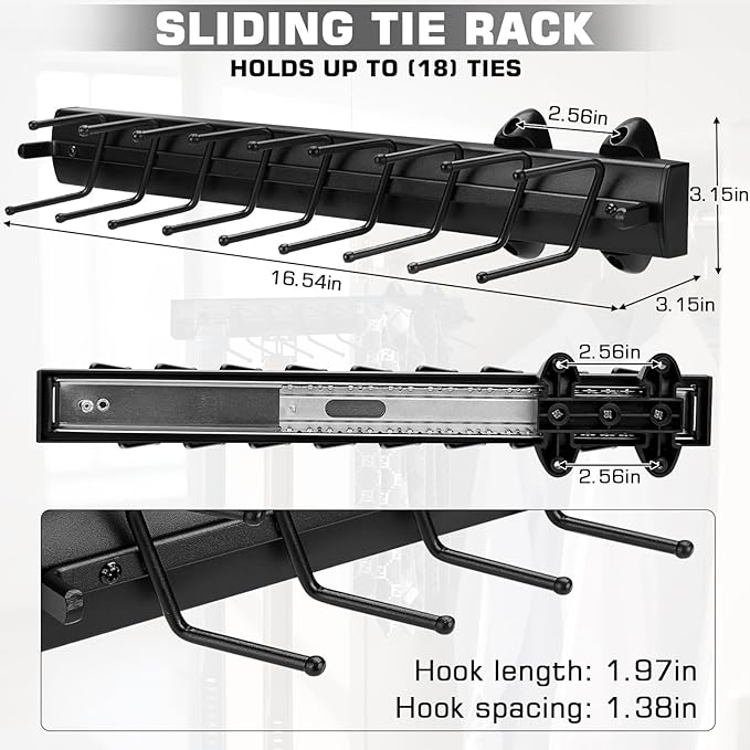 Sliding Tie Racks, 18 Tie Hanger Pull Out Belt Rack 16.5'' Aluminum Alloy Extendable Wardrobe Closet Organizer with 18 Hooks for Belts, Ties, and Scarves, 16.5'' x 3.15''(Sprayed Black)