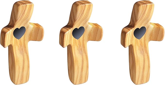 Encouragement Gift Wooden Cross My Heart Fingertip Stress Relief Gifts Small Wood Pocket Cross Handheld (Olive 3pcs)