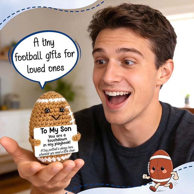 Belatelove Mini Funny Son Gifts from Dad Mom, Handmade Crochet Football with Inspirational Card, Fathers Day Birthday Gift for Son, Unique Football Doll for Desk Decor