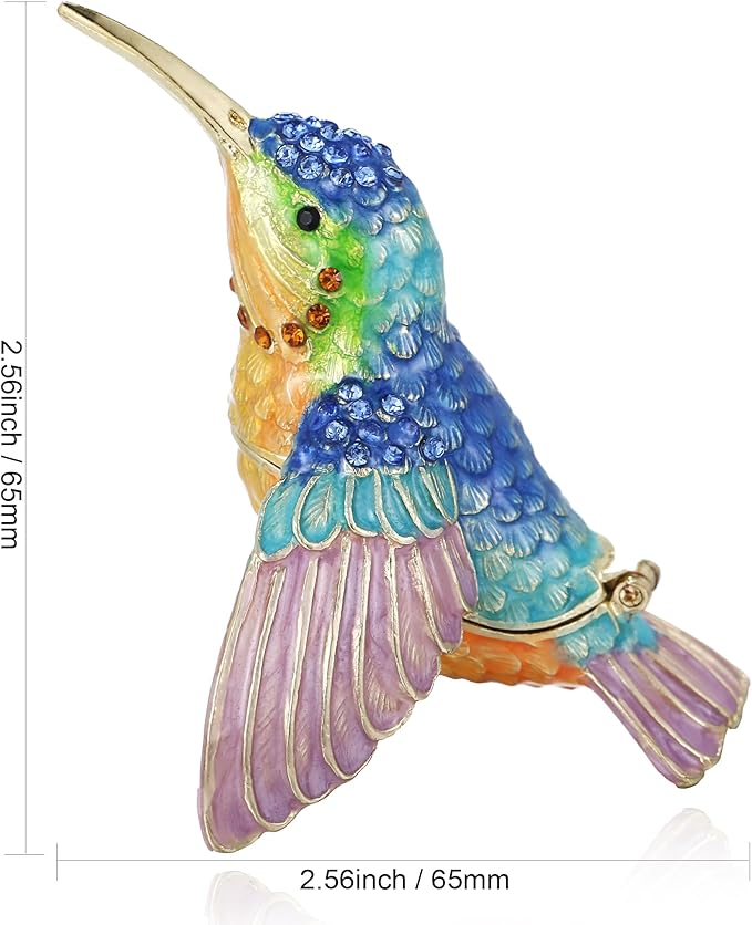 Hand Painted Trinket Box for Home Decor Accents, Enamel Hinged Jewelry Box for Bookshelf Office Table Desk Decoration, Classical Figurine Collectible Keepsake Animal Sculptures (Hummingbird)