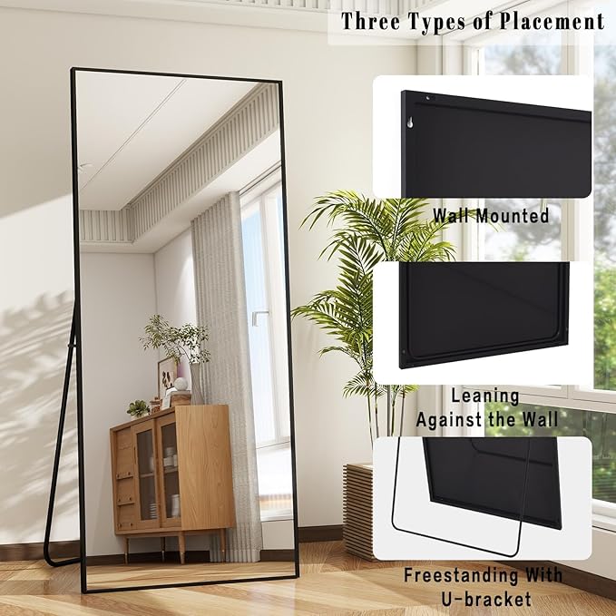 BEAUTYPEAK Full Length Mirror, 58"x14" Standing Hanging or Leaning Against Wall Floor Mirrors Body Dressing Wall-Mounted for Living Room, Bedroom with Aluminum Alloy Thin Frame, Black