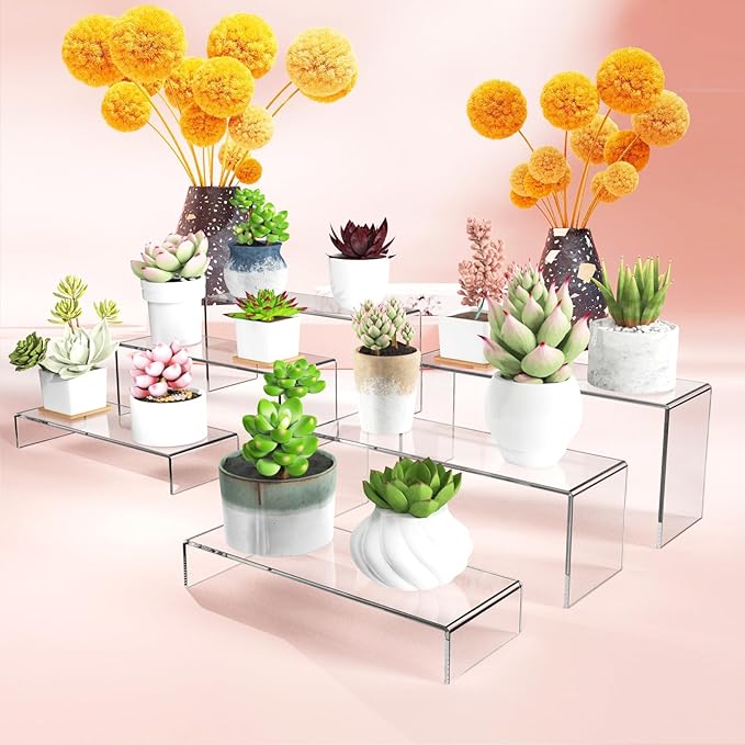 6 PCs Risers Display Stands 3 Tiers Desktop Acrylic Shelves Cake Dessert Holder Products Stand for Collectibles Shoes Jewels Pop Figure (Clear)