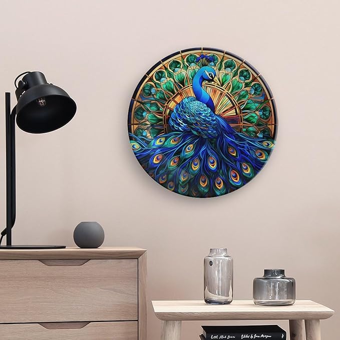 Decorative Plates, Watercolor Peacock Stained Glass Design Ceramic Dinner Plate Home Wobble-Plate with Display Stand, Wall Hanging Decor for Kitchen Household 10 Inch, Gifts for Peacocks Lover