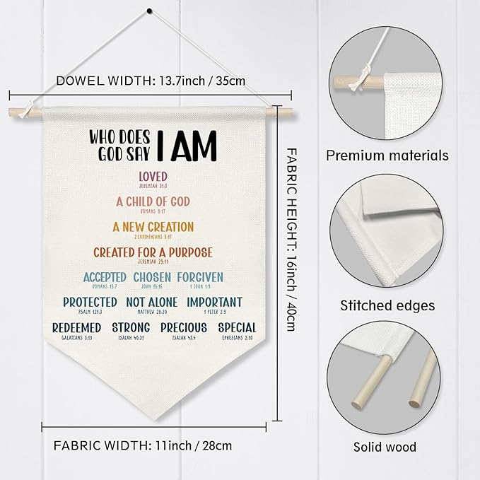 Who God Says I Am Wall Hanging Banner,Christian Bible Verse Canvas Poster, Bible Wall Art for Women, Teens, or Kids, Faith-Based Decor with Wooden Rod, 11x16 Inch(KD14)
