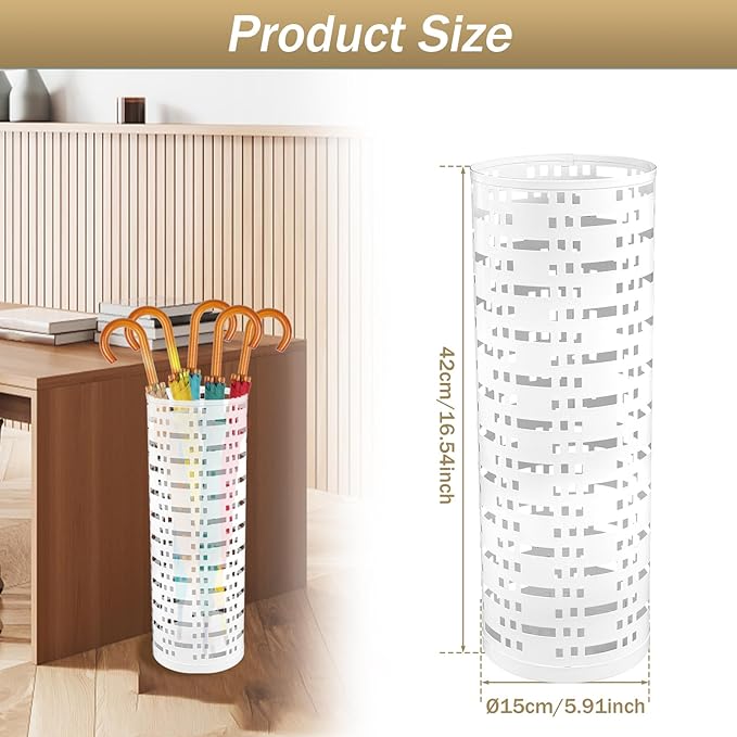 Umbrella Stand Rack, Free Standing Round Metal Umbrella Holder, Walking Sticks Umbrella Bins Waterproof Umbrella Storage Rack 16.5 x 6 inch Hollow Umbrella Storage Bucket for Indoor Home Office(white)