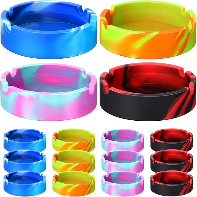 Threlaco 12 Pcs Ash Tray Silicone Ashtray Colorful Unbreakable Cigar Ashtrays for Home Hotel Office Outdoor Indoor Patio, 4 Colors(Round)