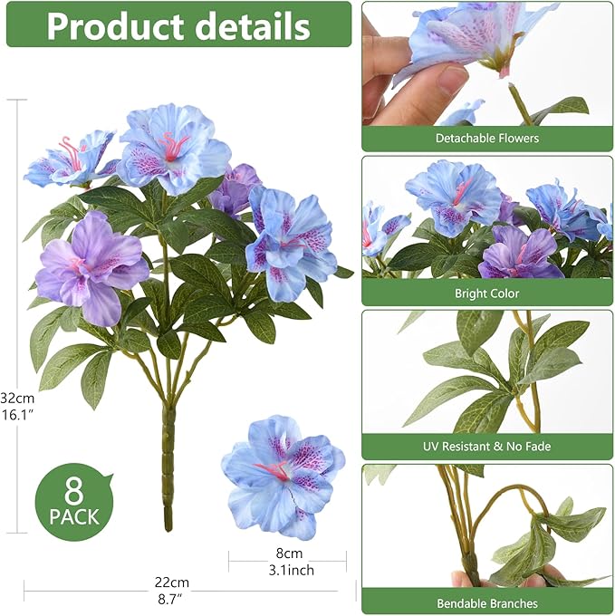 Artificial Fake Flowers for Outdoor, 8 Bundles Faux Plants Silk Flowers Spring Decoration UV Resistant No Fade Plastic Flowers for Outside Planters Home Porch Patio Yard Garden Decor