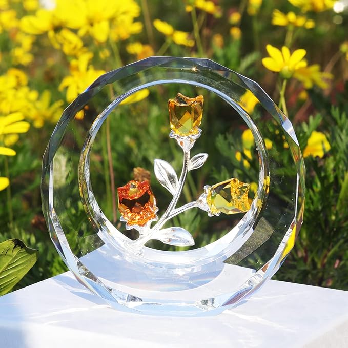 LONGWIN Crystal Tulips Flower Figurines with a Outer Circular Ring, Glass Spring Bouquet Home Decor Paperweight Ornaments Yellow