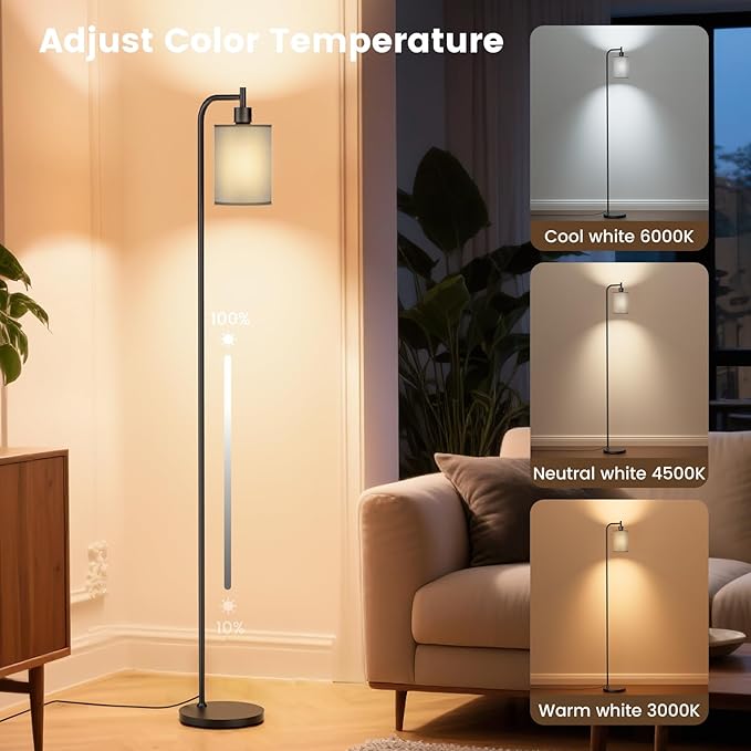 SIBRILLE Floor Lamp with Linen Shade, Dimmable Tall Standing Lamp with Remote Control & 3 Color Temperatures, Modern Floor Lamps for Living Room Bedroom Office Corner, 9W LED Bulb Included